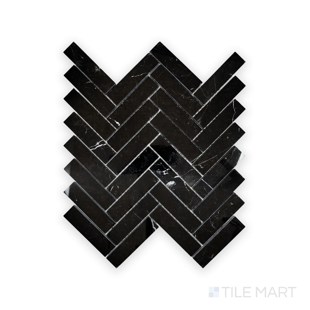 Close-up of Negro Marquina Marble 1X4 Herringbone Polished Mosaic, featuring an elegant high-gloss finish and natural white streaks.