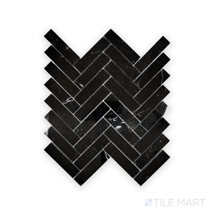 Close-up of Negro Marquina Marble 1X4 Herringbone Polished Mosaic, featuring an elegant high-gloss finish and natural white streaks.