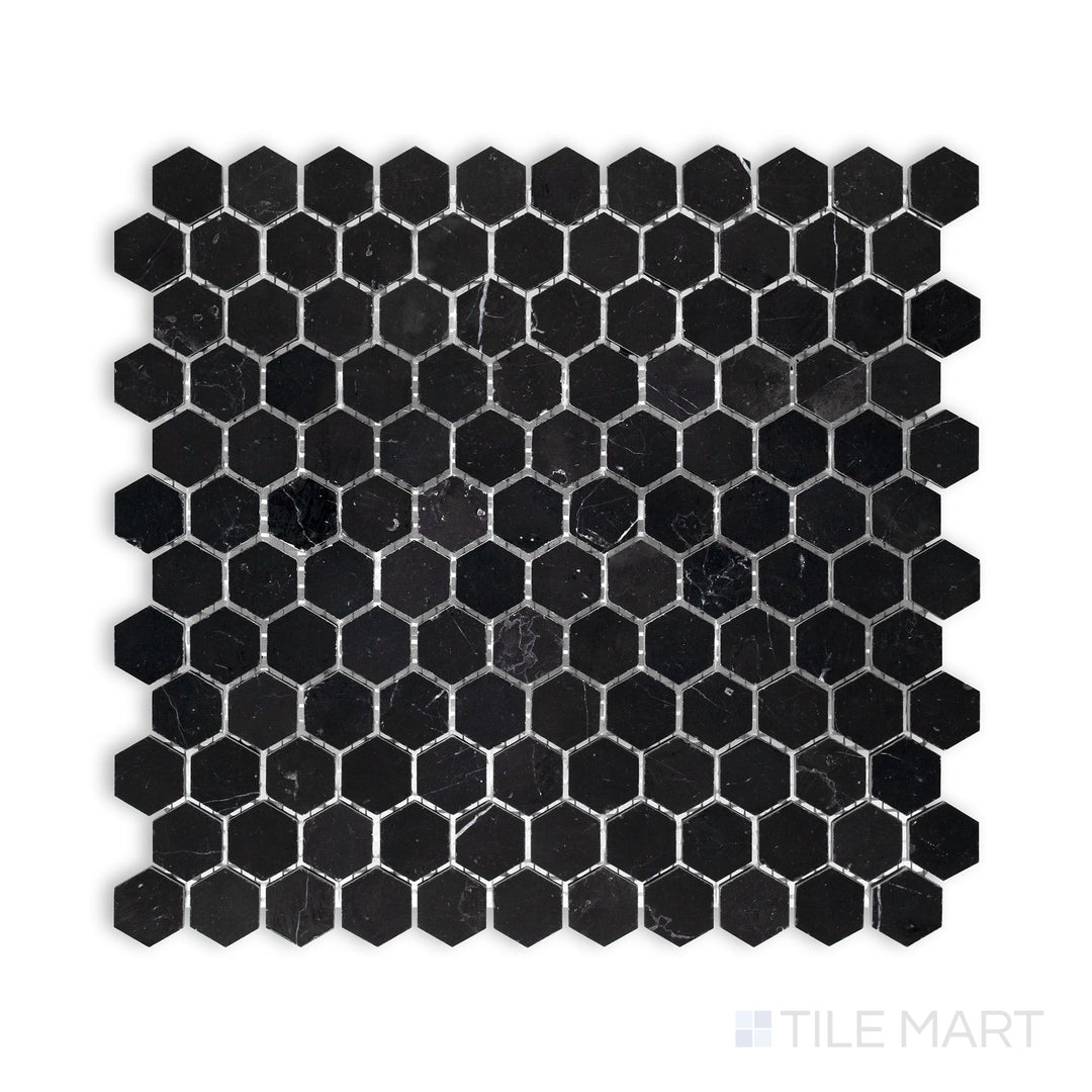 A fine-detail shot of Negro Marquina Marble 1" Hexagon Honed Mosaic, highlighting the classic hexagonal pattern in a smooth matte finish.