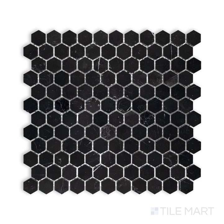 A fine-detail shot of Negro Marquina Marble 1" Hexagon Honed Mosaic, highlighting the classic hexagonal pattern in a smooth matte finish.