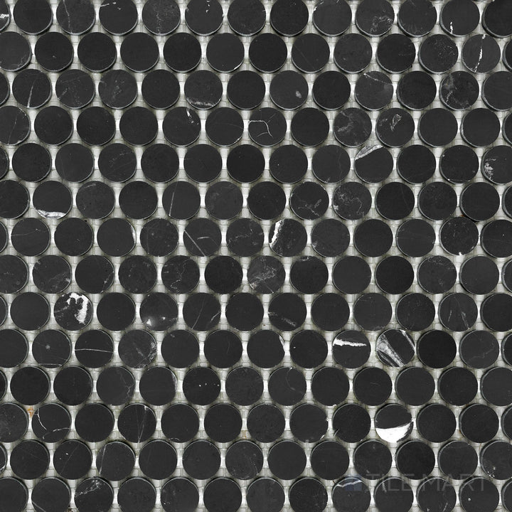 Top-down view of Negro Marquina Marble 3/4" penny round honed mosaic, showcasing a charming round mosaic pattern with a honed matte texture.