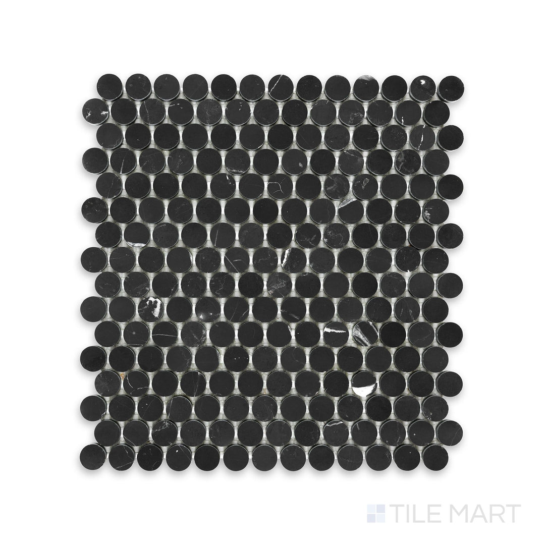A fine-detail shot of Negro Marquina Marble 3/4" Penny Round Honed Mosaic, emphasizing its classic black tone with a smooth honed texture.