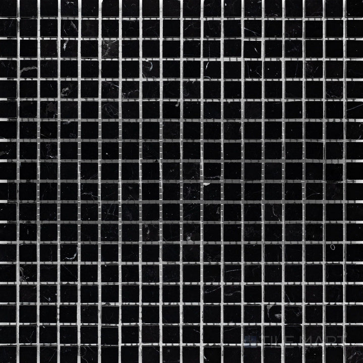 Flat-lay shot of Negro Marquina Marble 5/8" square honed mosaic, displaying a uniform square arrangement with a soft honed finish.