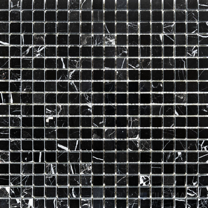 Top-view photo of Negro Marquina Marble 5/8" square polished mosaic, showcasing a high-gloss polished surface that enhances its bold black and white veining.