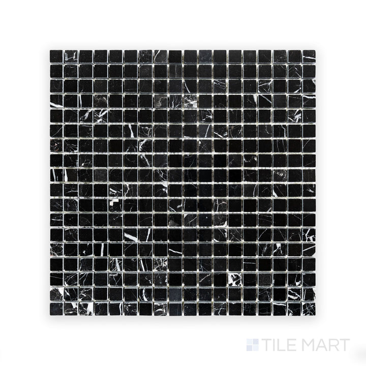 A high-resolution view of Negro Marquina Marble 5/8" Square Polished Mosaic, highlighting its glossy black base with crisp white streaks.