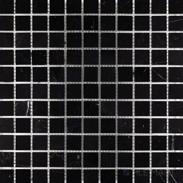 Overhead image of Negro Marquina Marble 1" square honed mosaic, featuring a compact square layout with a smooth honed surface.