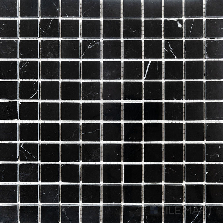 Flat-lay shot of Negro Marquina Marble 1" square polished mosaic, offering a glossy finish that highlights the natural movement in the veining.