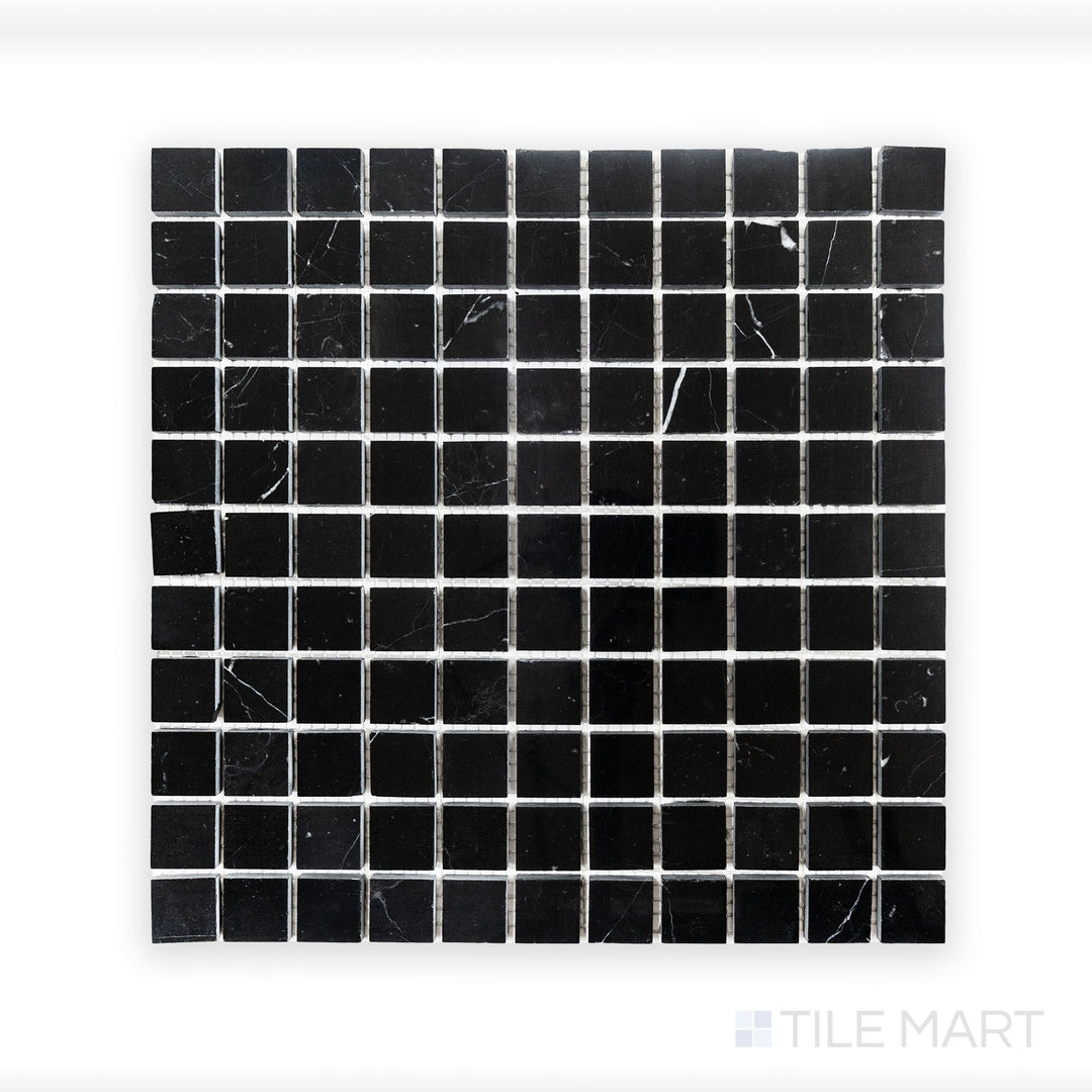 Detailed look at Negro Marquina Marble 1" Square Polished Mosaic, featuring a refined high-gloss surface with intricate natural veining.