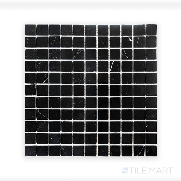 Detailed look at Negro Marquina Marble 1" Square Polished Mosaic, featuring a refined high-gloss surface with intricate natural veining.