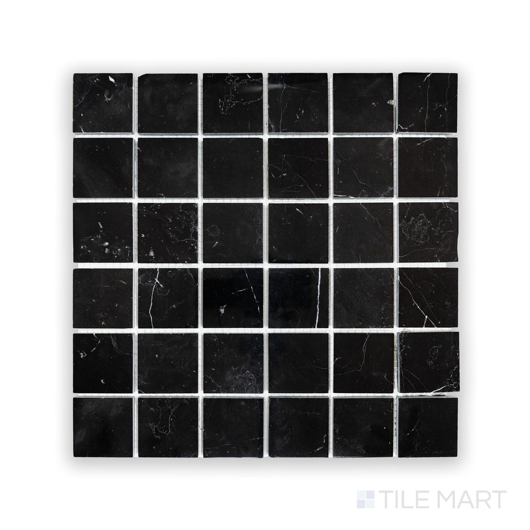 Close-up of Negro Marquina Marble 2" Square Polished Mosaic, showcasing the luxurious depth of polished black marble.