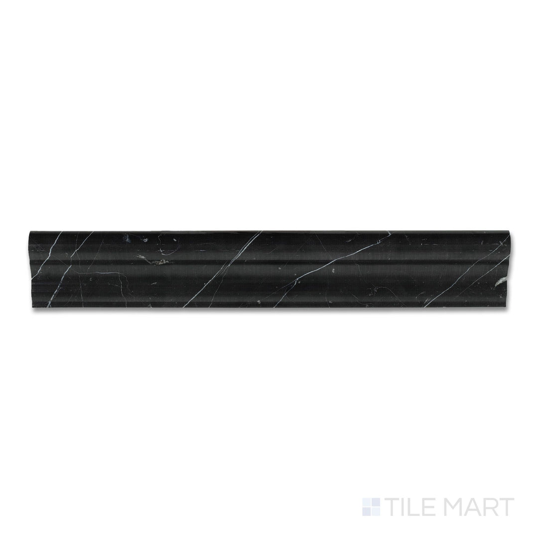 Top-down view of Negro Marquina Marble 2x12 polished grand chair rail, displaying a deep black marble surface with dramatic white veining and a sleek, rounded edge.
