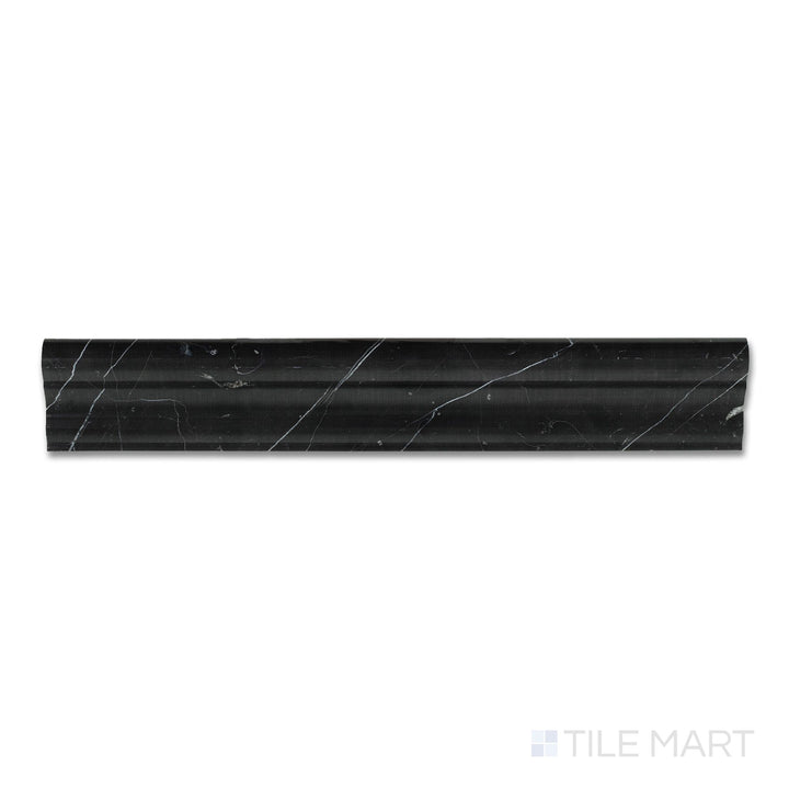 Top-down view of Negro Marquina Marble 2x12 polished grand chair rail, displaying a deep black marble surface with dramatic white veining and a sleek, rounded edge.