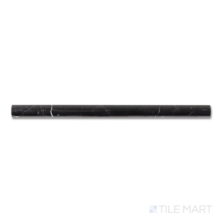 Flat-lay image of Negro Marquina Marble 0.75x12 honed standard liner, featuring a matte black marble strip with subtle white veining and a smooth linear shape.