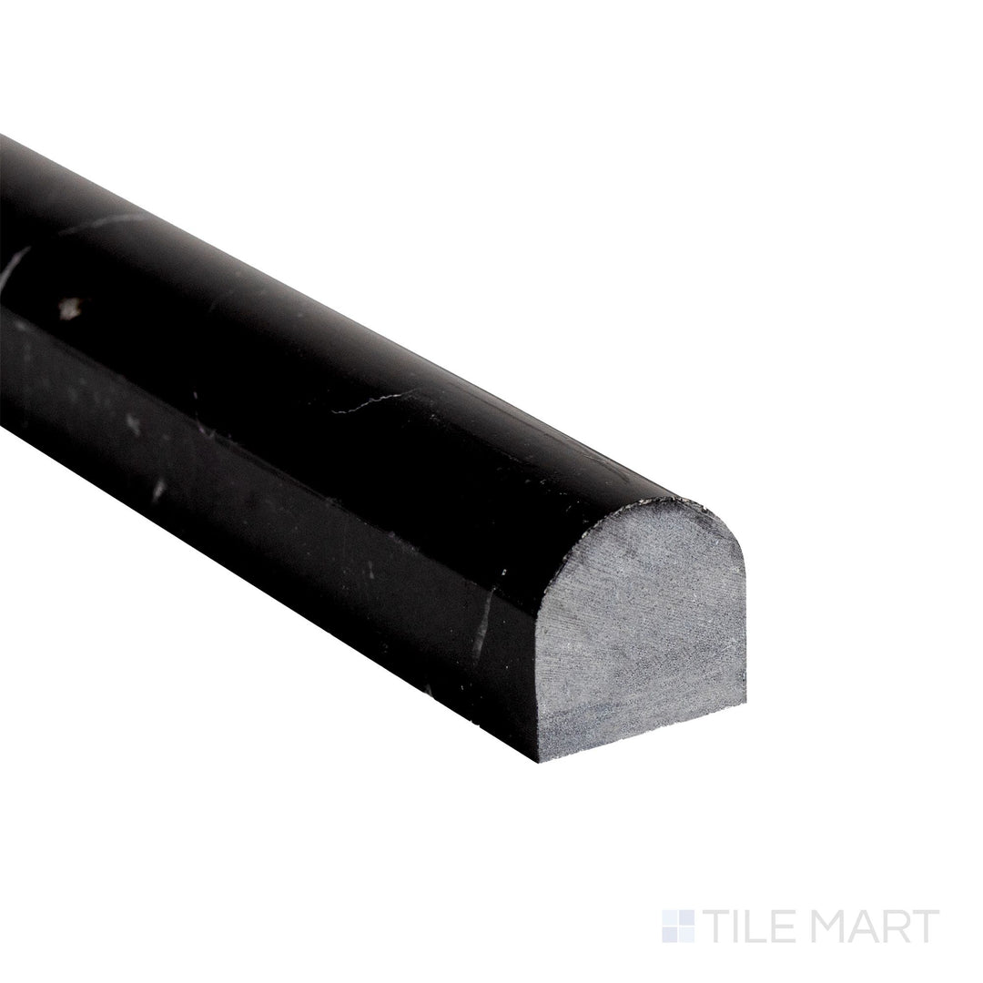 Corner detail of Negro Marquina Marble 0.75x12 honed standard liner highlighting smooth matte surface and subtle veining.