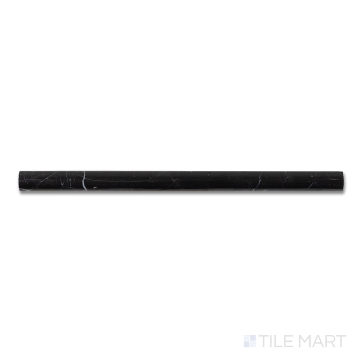 Overhead photo of Negro Marquina Marble 0.75x12 polished standard liner, a glossy black marble liner with vivid white veining running through its length.