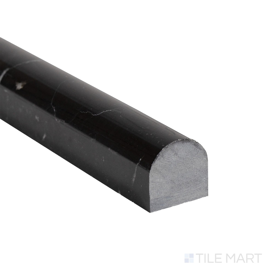 Corner close-up of Negro Marquina Marble 0.75x12 polished standard liner showing rich black tone and reflective finish.