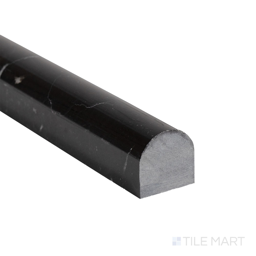 Corner close-up of Negro Marquina Marble 0.75x12 polished standard liner showing rich black tone and reflective finish.