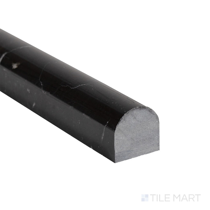 Corner close-up of Negro Marquina Marble 0.75x12 polished standard liner showing rich black tone and reflective finish.