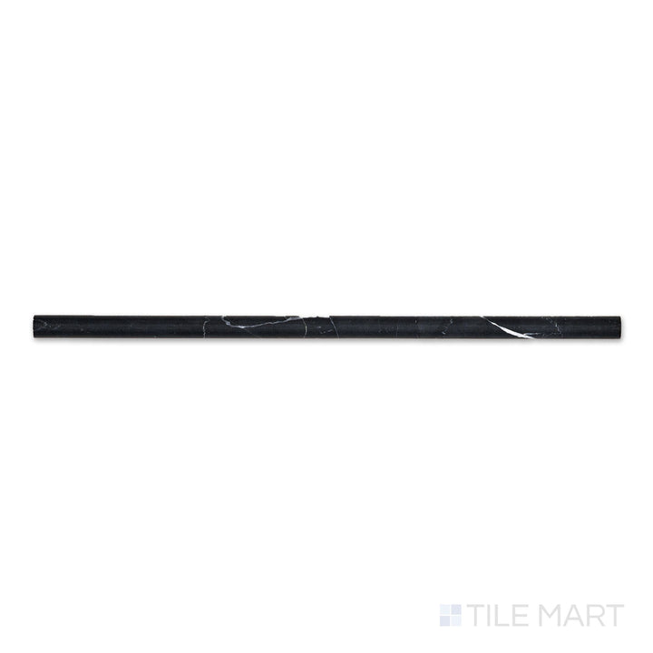Flat-lay of Negro Marquina Marble 0.5x12 honed mini liner, a narrow matte-finished trim piece with dark tones and soft, fine veining.