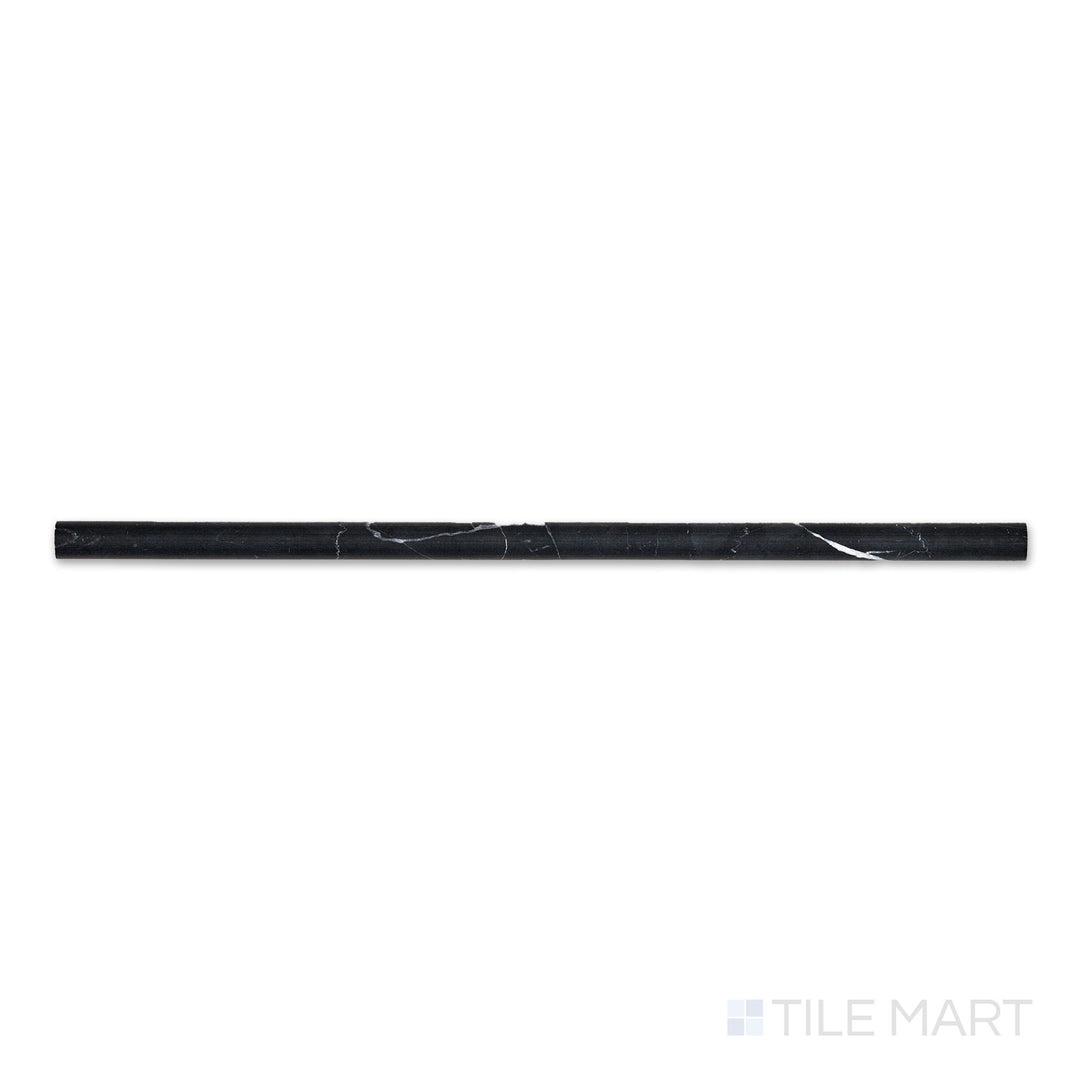 Flat-lay of Negro Marquina Marble 0.5x12 honed mini liner, a narrow matte-finished trim piece with dark tones and soft, fine veining.