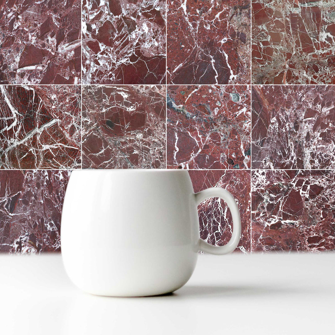 Polished Rosso Levanto marble 12x12 tile featured in an elevated space with rich veining and dramatic contrast