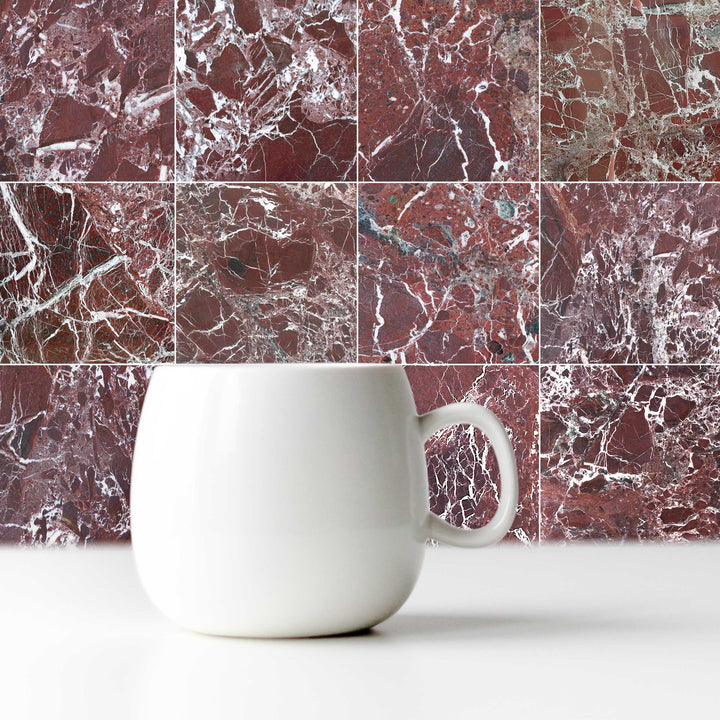 Polished Rosso Levanto marble 12x12 tile featured in an elevated space with rich veining and dramatic contrast