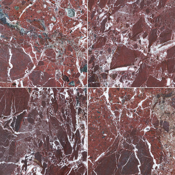 Polished Rosso Levanto marble 12x12 tile highlighting rich color and natural stone veining