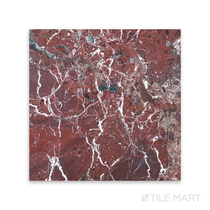 Detail of polished Rosso Levanto marble 12x12 tile showcasing rich veining and reflective surface