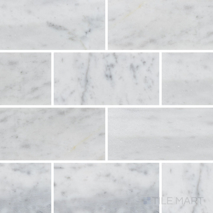 Flat overhead image showing White Carrara Marble 3x6 honed tile, displaying a soft matte finish ideal for classic and modern spaces