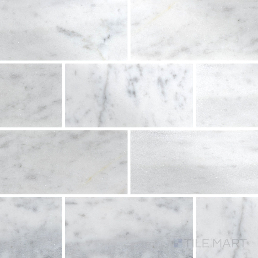 Top view of White Carrara Marble 3x6 polished tile, highlighting a glossy marble surface perfect for clean, elegant interiors
