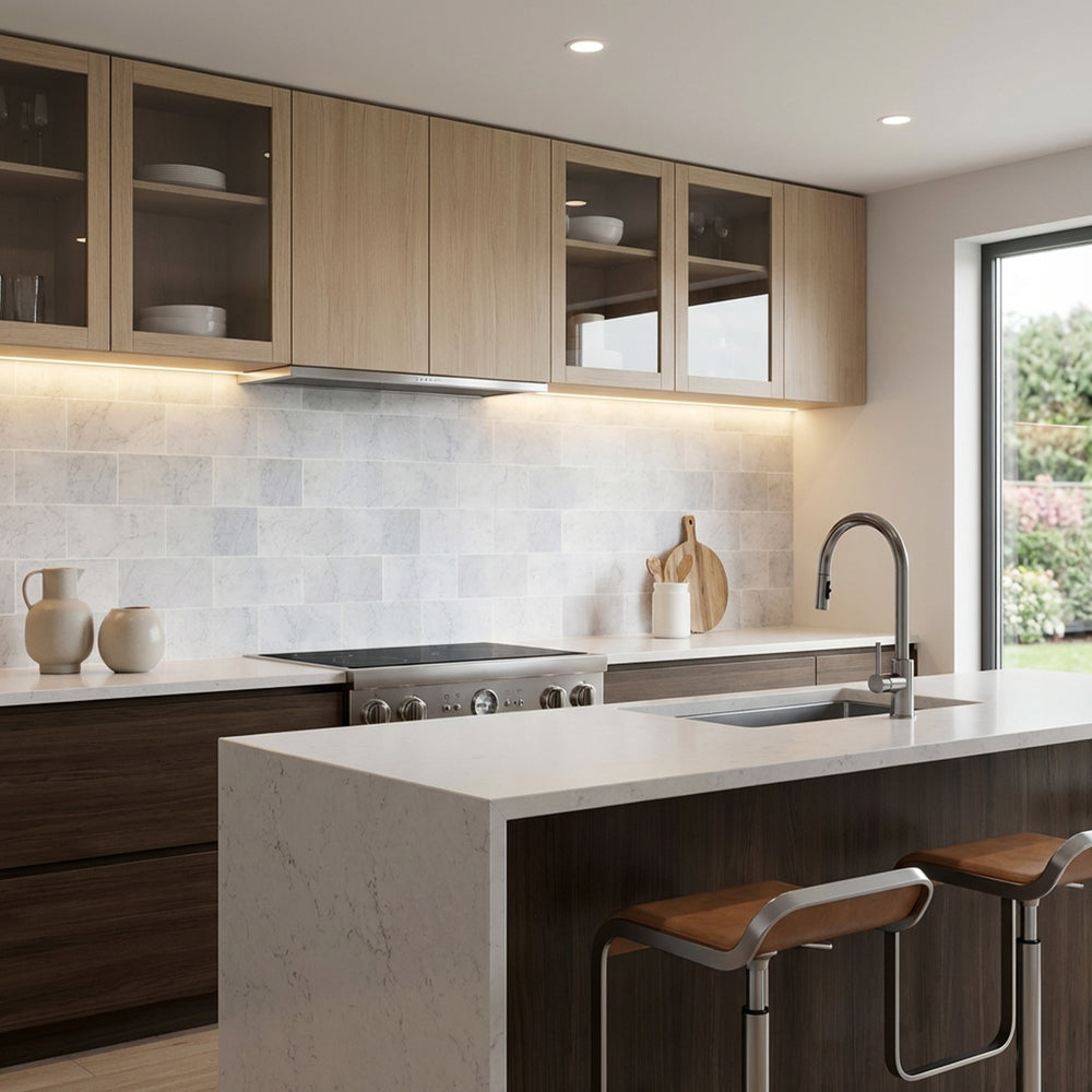 White Carrara marble 3x6 tile with tumbled finish showcased in a bright interior with soft stone texture