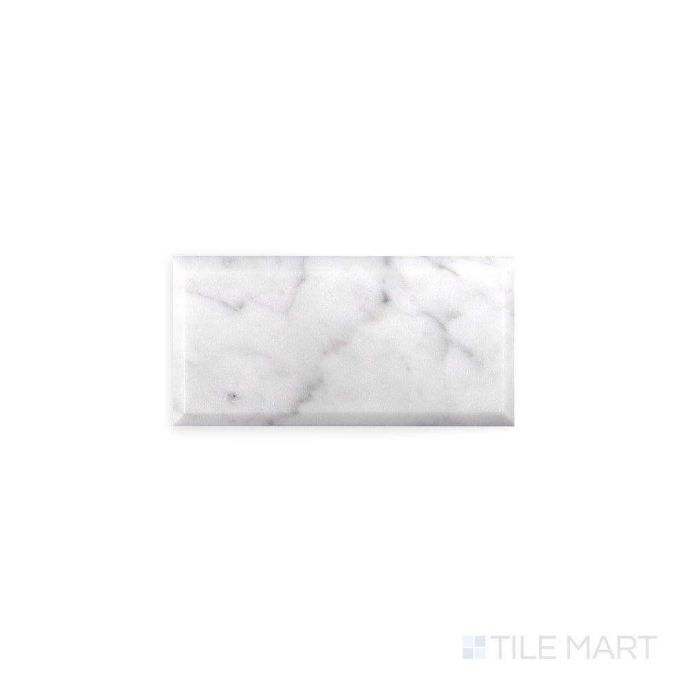 Full view from above of White Carrara Marble 3x6 beveled polished tile showing glossy marble tiles with crisp beveled detailing