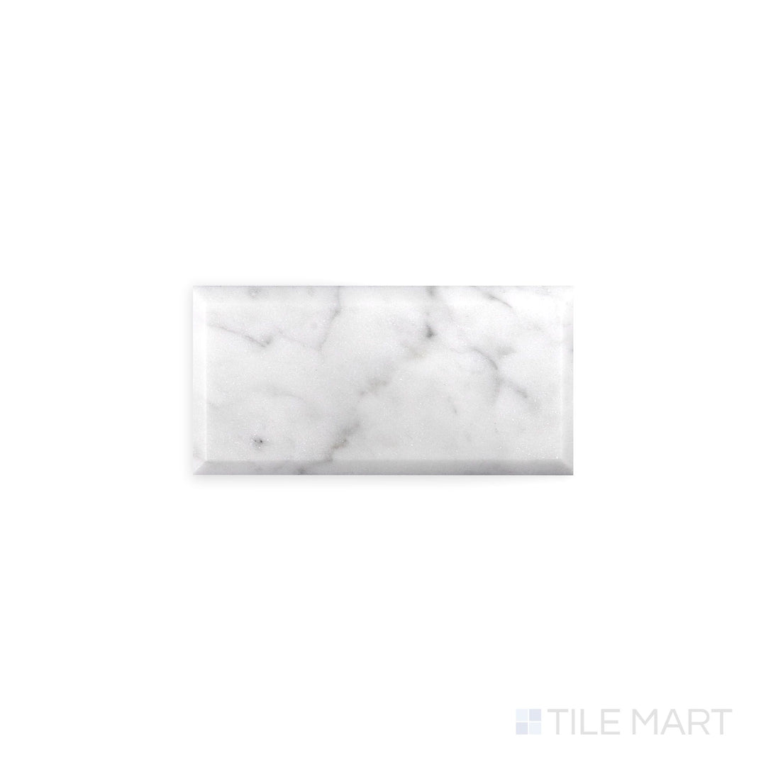 Full view from above of White Carrara Marble 3x6 beveled polished tile showing glossy marble tiles with crisp beveled detailing