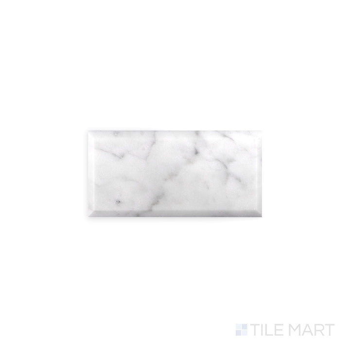 Full view from above of White Carrara Marble 3x6 beveled polished tile showing glossy marble tiles with crisp beveled detailing