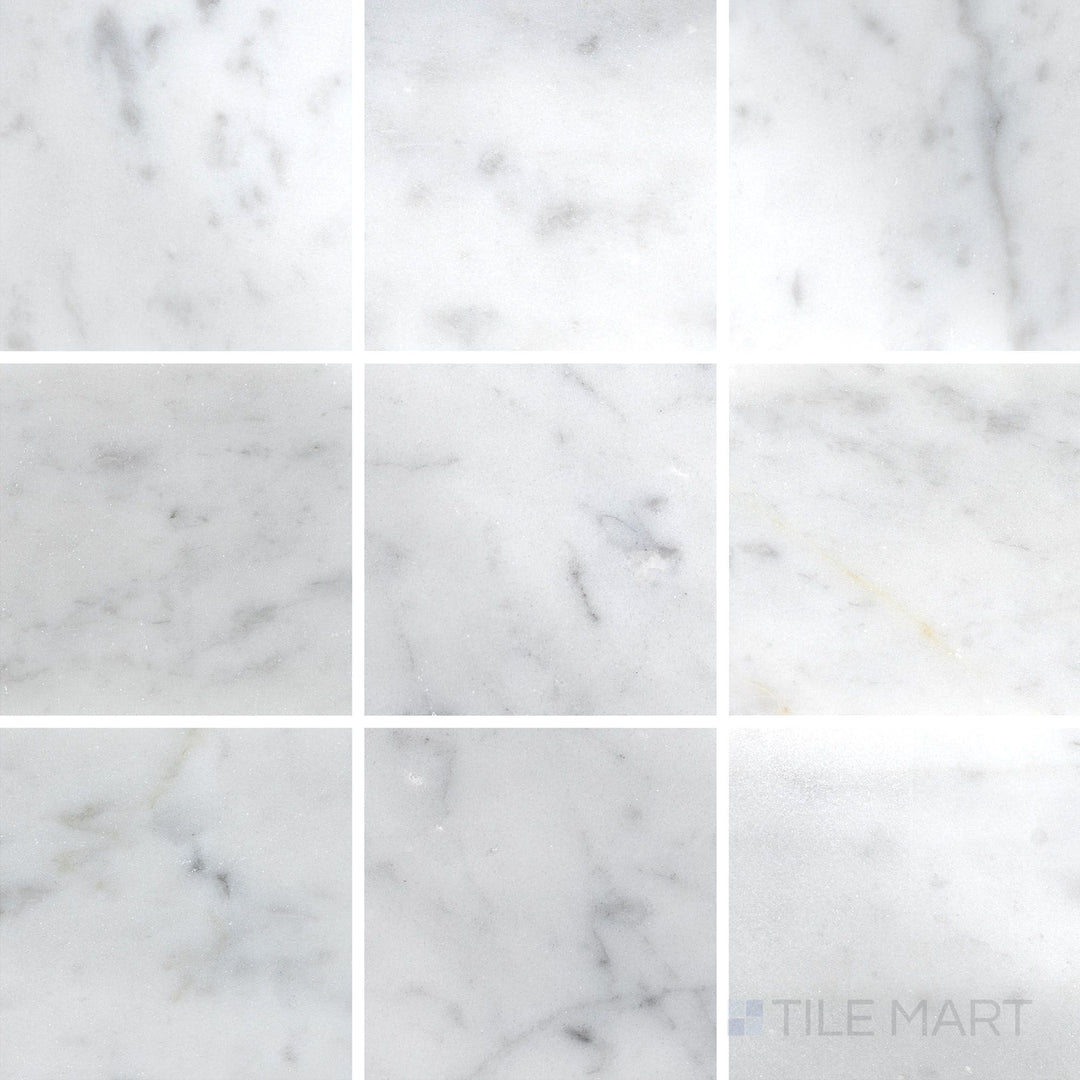Top view of White Carrara Marble 4x4 polished tile highlighting a glossy marble finish perfect for luxurious, classic installations