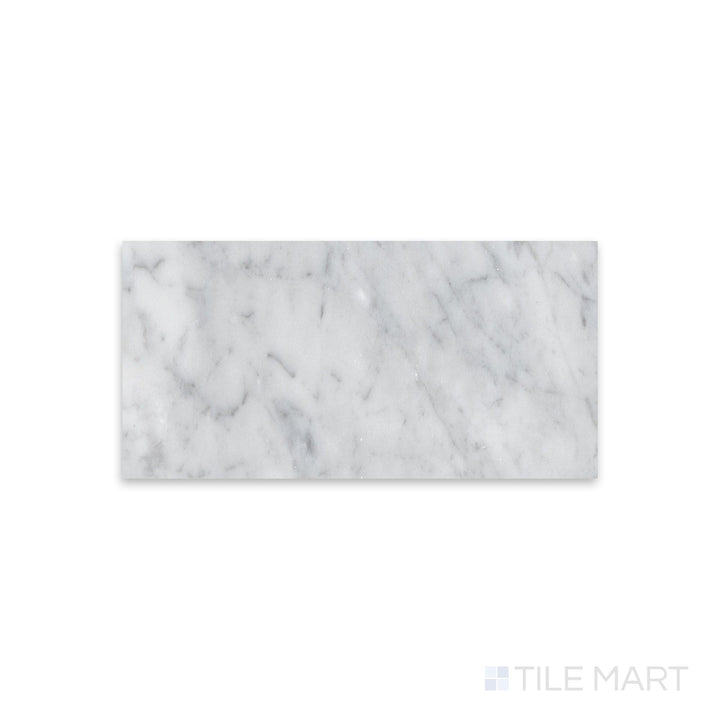 Overview of White Carrara Marble 4x8 honed tile showing larger soft-finish marble tiles perfect for modern surfaces