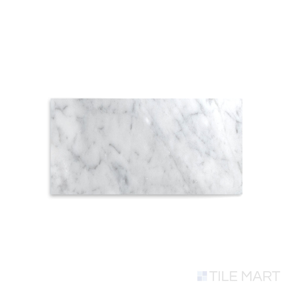 Complete view of White Carrara Marble 4x8 polished tile showcasing glossy marble tiles arranged for modern interiors