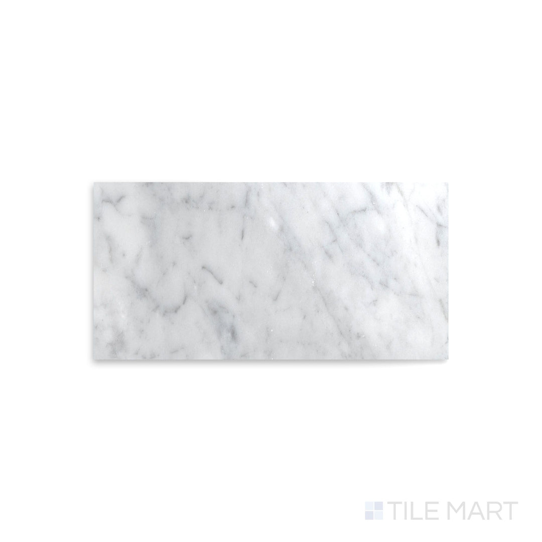 Complete view of White Carrara Marble 4x8 polished tile showcasing glossy marble tiles arranged for modern interiors