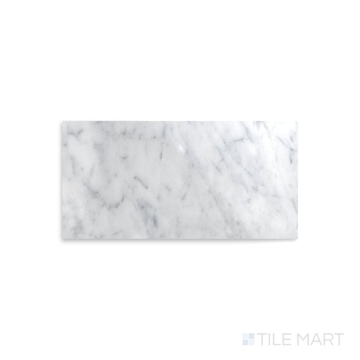 Complete view of White Carrara Marble 4x8 polished tile showcasing glossy marble tiles arranged for modern interiors