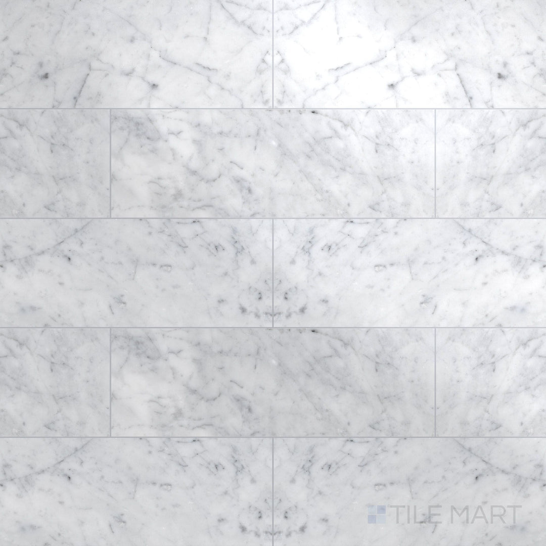 Flat lay of White Carrara Marble 4x12 polished tile, showcasing sleek polished marble tiles perfect for long, clean wall designs