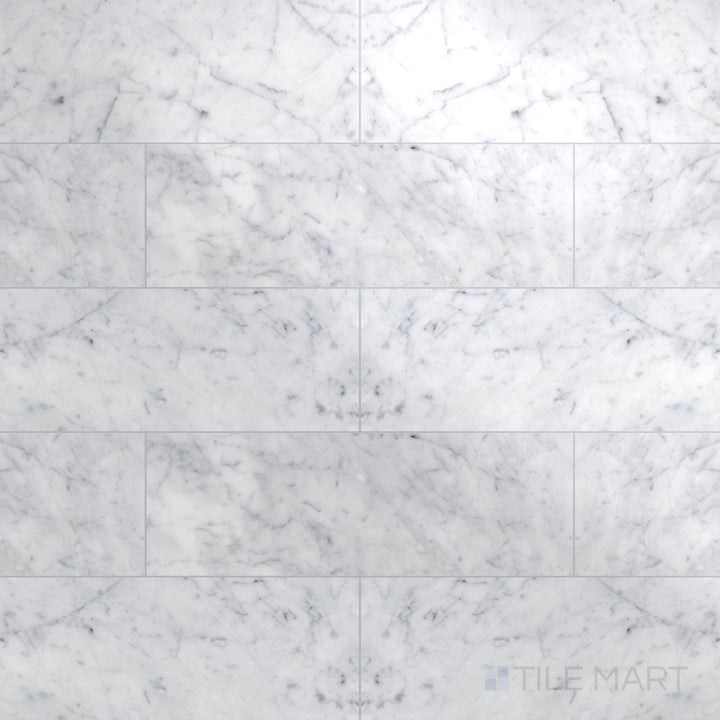 Flat lay of White Carrara Marble 4x12 polished tile, showcasing sleek polished marble tiles perfect for long, clean wall designs