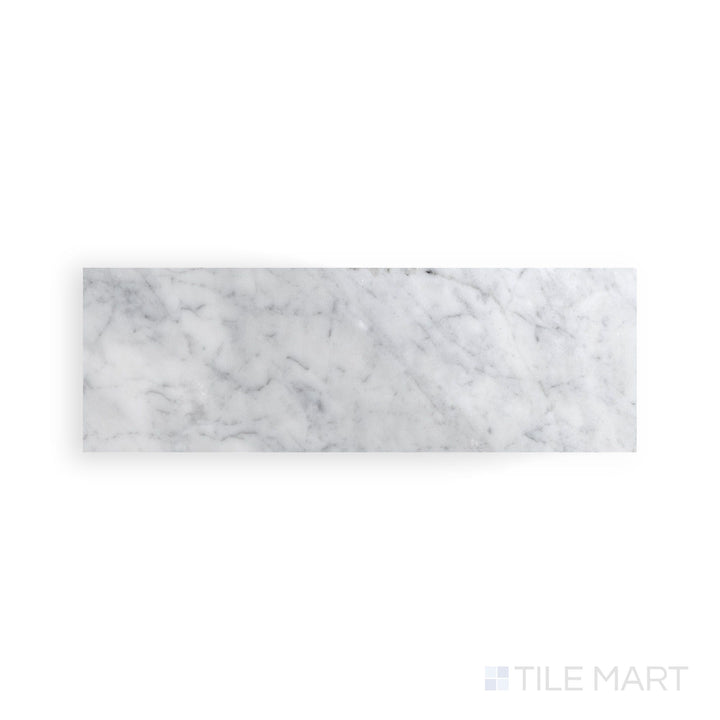 Full view from above of White Carrara Marble 4x12 polished tile displaying elongated glossy marble tiles ideal for walls and backsplashes
