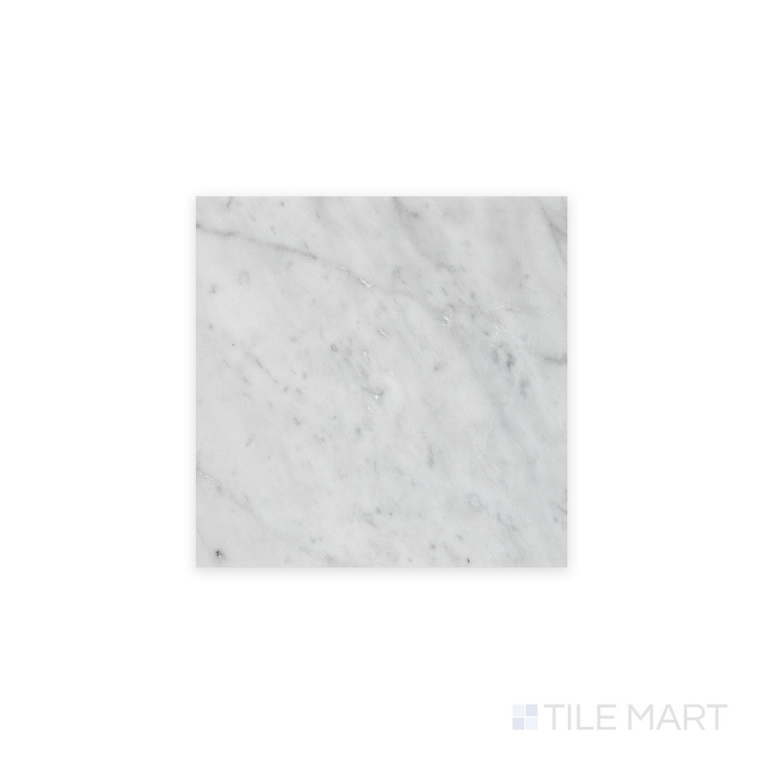 Full view of White Carrara Marble 6x6 polished tile featuring mid-sized glossy marble squares arranged in a clean grid pattern