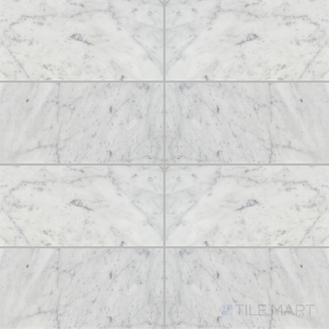 Top-down image of White Carrara Marble 6x12 honed tile, offering large matte marble tiles for subtle yet sophisticated surfaces