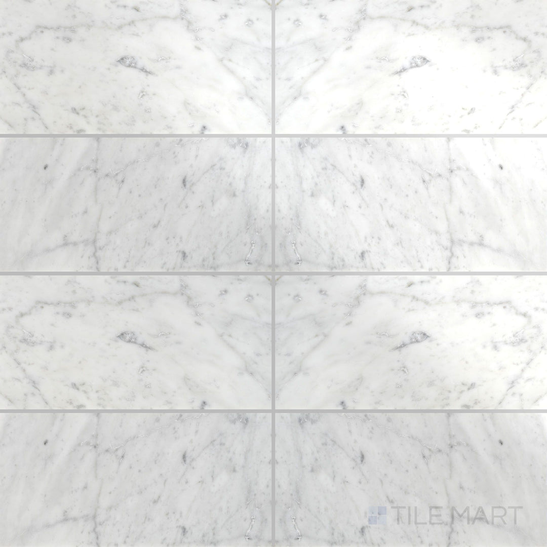 Overhead perspective of White Carrara Marble 6x12 polished tile, featuring large bright polished marble slabs ideal for modern walls and floors