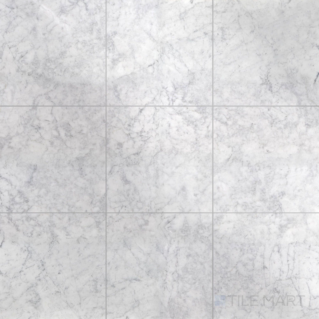 Flat overhead shot of White Carrara Marble 12x12 polished tile, highlighting luxurious glossy marble squares perfect for grand interiors