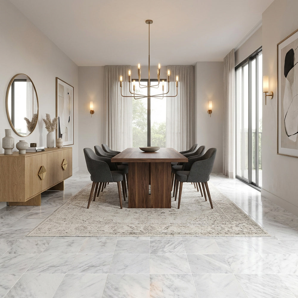 White Carrara marble 12x12 tumbled tile featured in an airy space with organic stone character