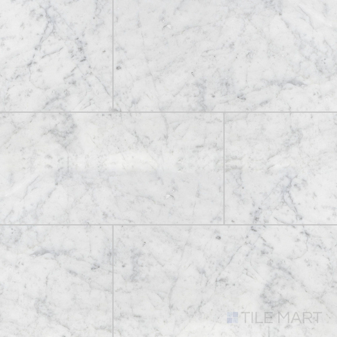 Top view of White Carrara Marble 12x24 honed tile highlighting large matte marble slabs perfect for contemporary interior surfaces