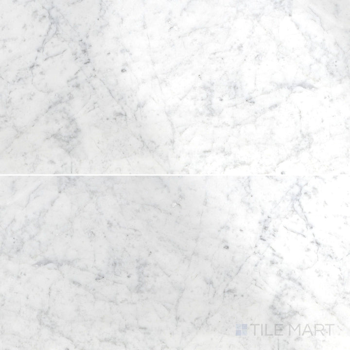 Flat overhead image showing White Carrara Marble 12x24 polished tile, featuring sleek, glossy marble ideal for modern floors and walls