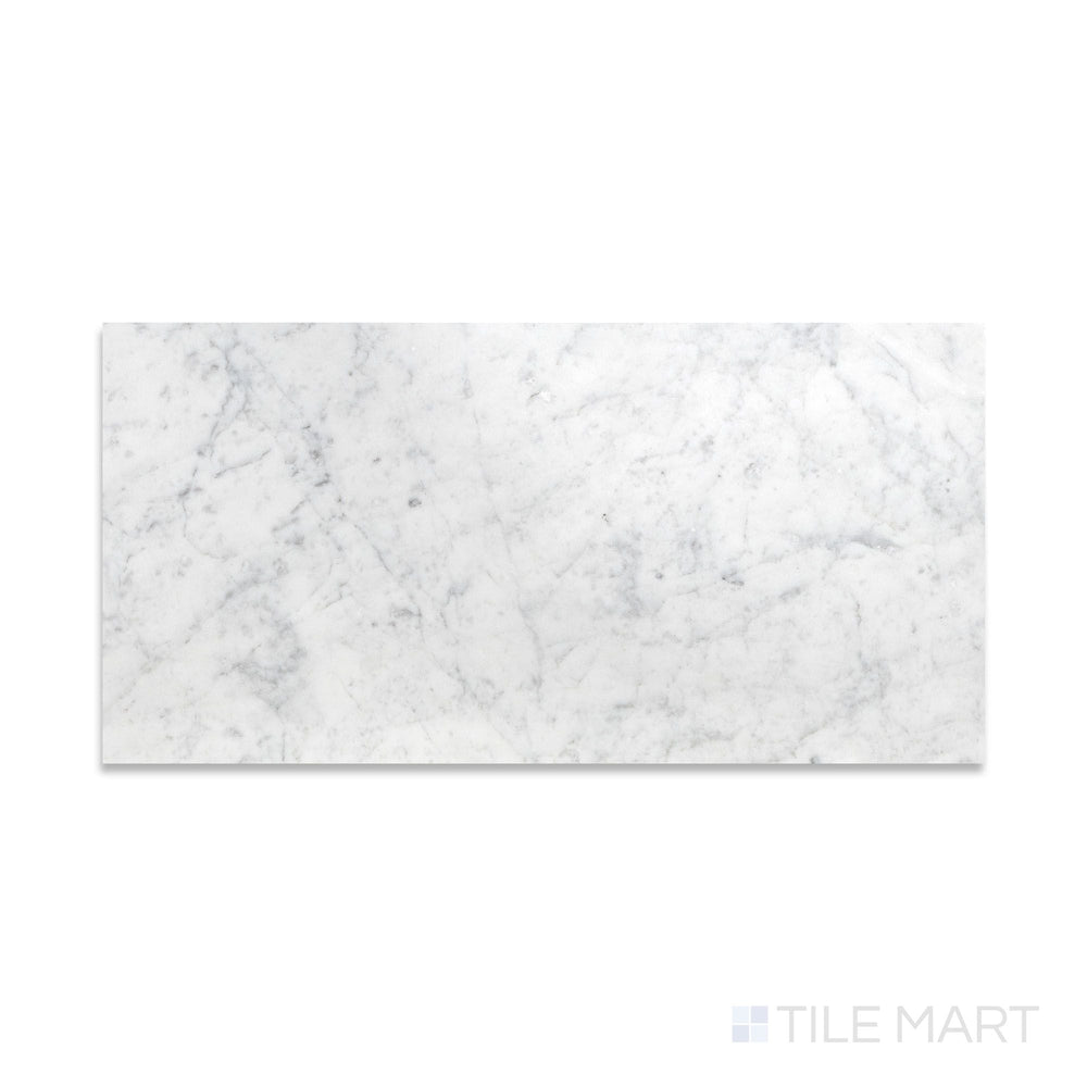 Full view from above of White Carrara Marble 12x24 polished tile showing large glossy marble pieces for luxurious interior surfaces